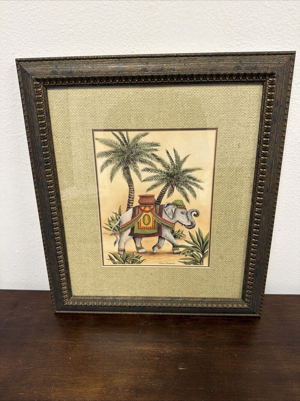 Dianne Krumel Signed Framed Art Print Indian Elephant Palm Trees Safari 16x17